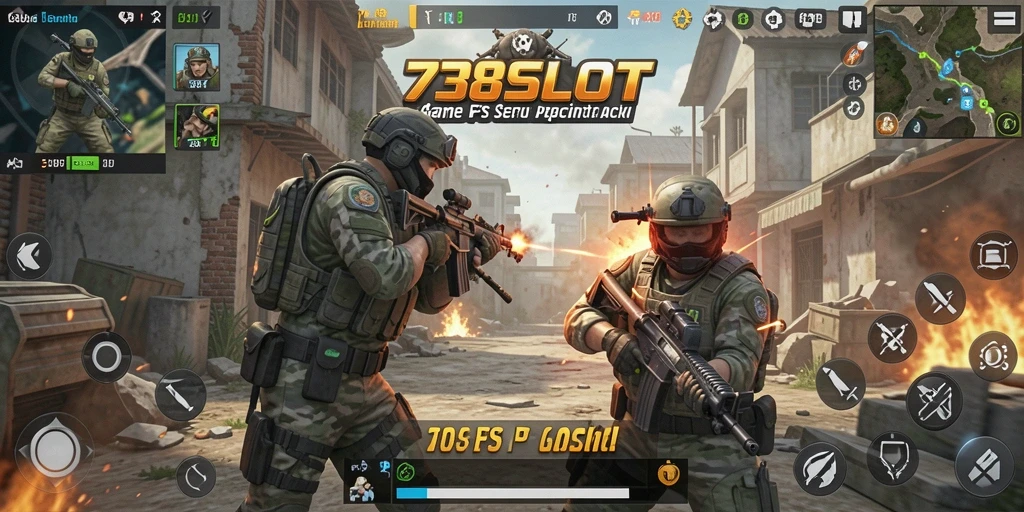 Screenshot 738SLOT menampilkan aksi tembak menembak yang intens dan seru.