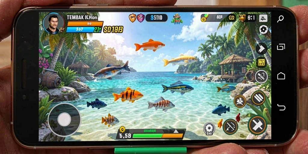 Tampilan gameplay FO8 dengan aksi menembak ikan yang seru.