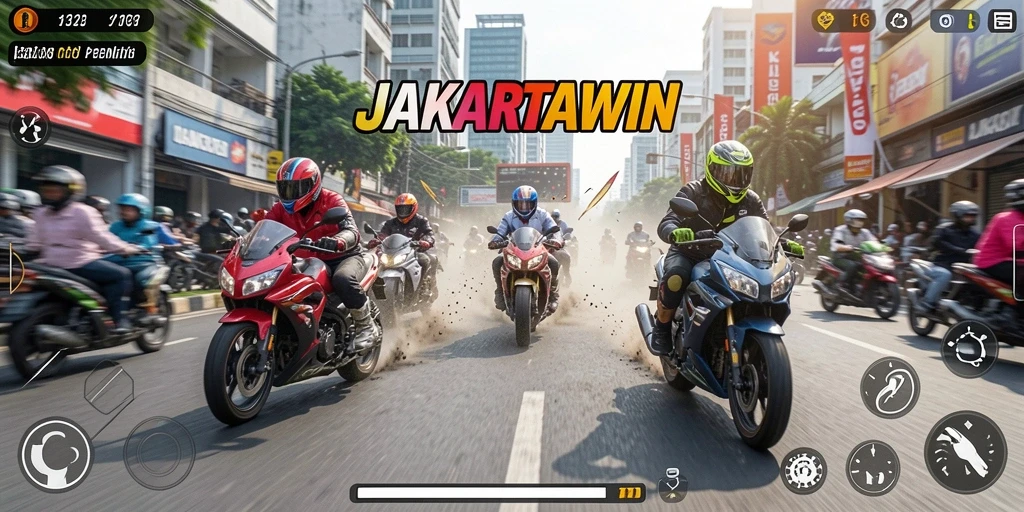 Gameplay JAKARTAWIN menampilkan balapan motor yang cepat dan mendebarkan.