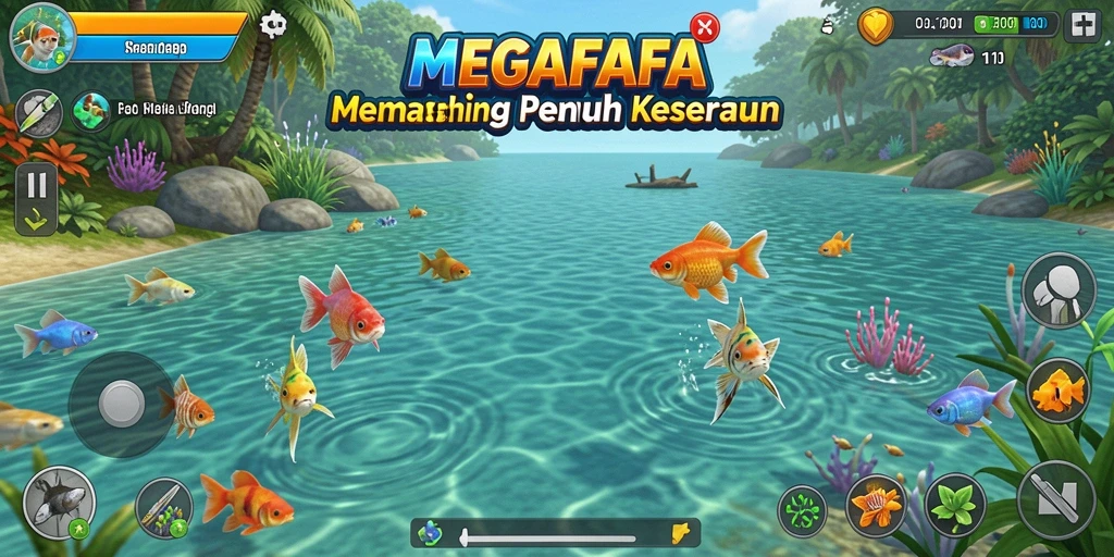 Gameplay seru MEGAFAFA saat menangkap ikan di air jernih.