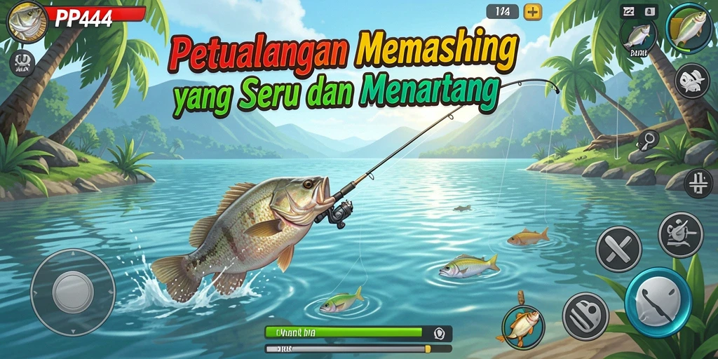 Tampilan utama gameplay PP444 yang menunjukkan aksi memancing yang mendebarkan.