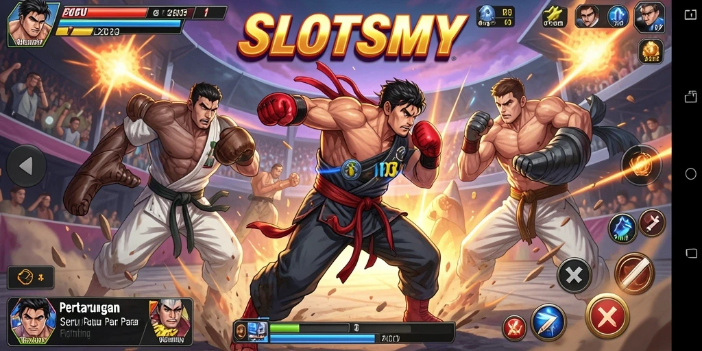 Gameplay bertarung yang seru di SLOTSMY dengan karakter yang beragam.